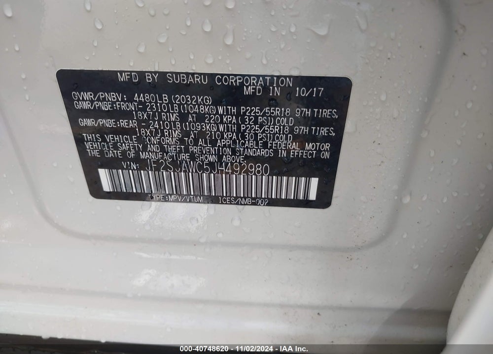 2018 SUBARU FORESTER 2.5I TOURING VIN: JF2SJAWC5JH492980