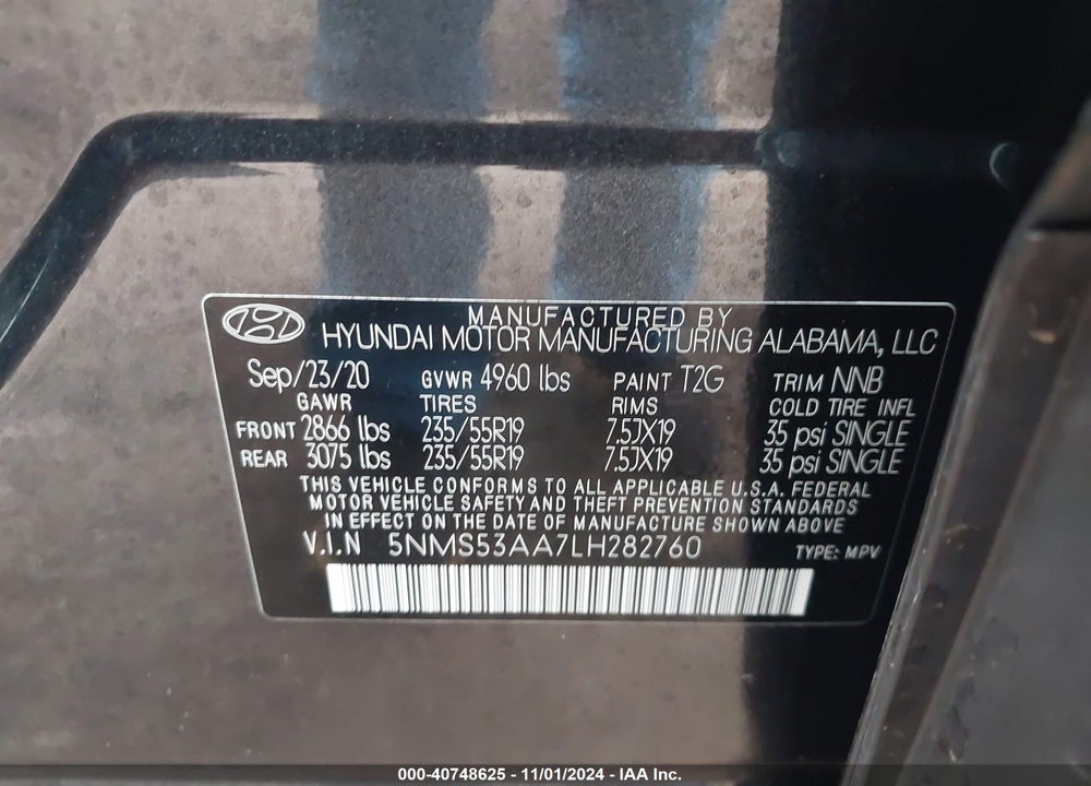 2020 HYUNDAI SANTA FE LIMITED VIN: 5NMS53AA7LH282760