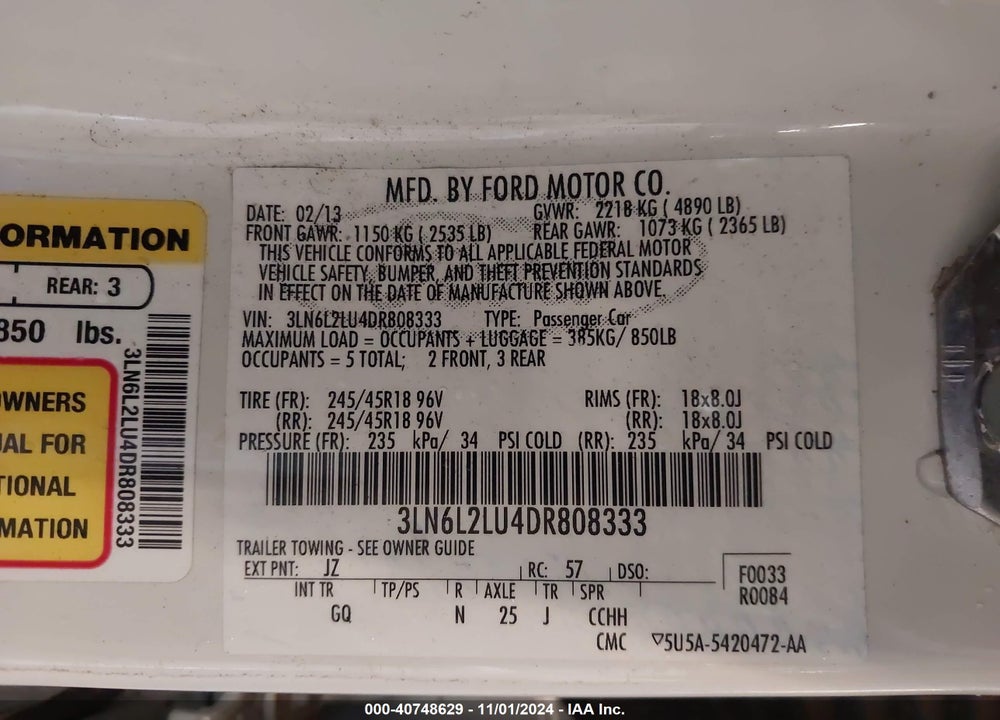 2013 LINCOLN MKZ HYBRID VIN: 3LN6L2LU4DR808333