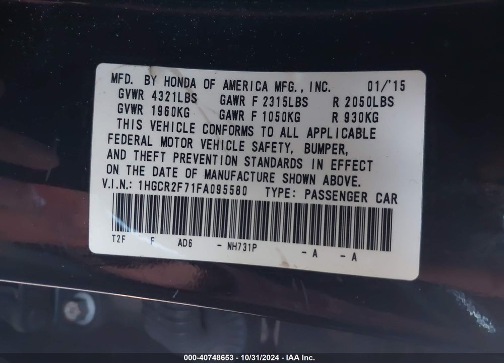 2015 HONDA ACCORD EX VIN: 1HGCR2F71FA095580