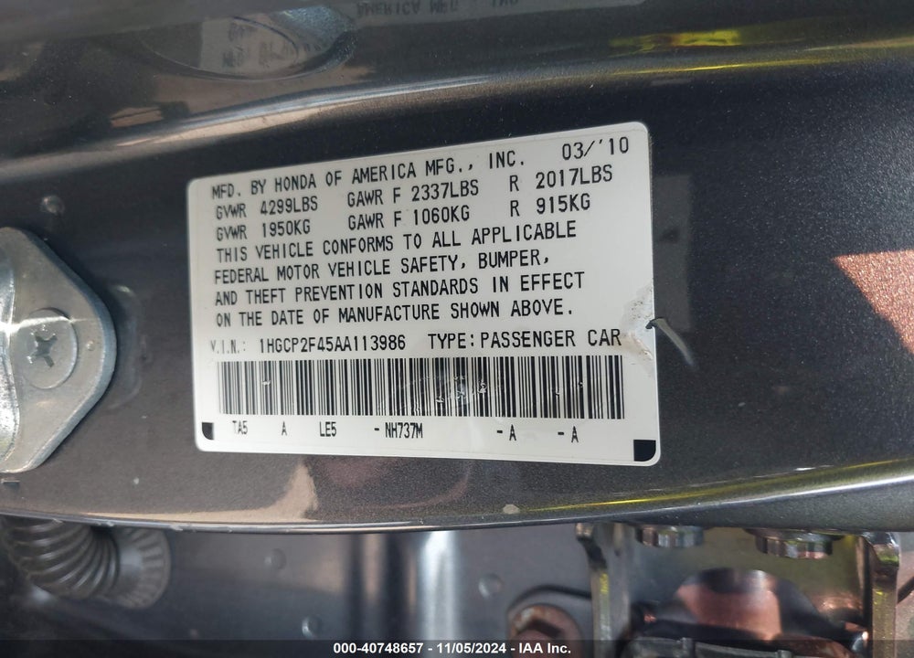 2010 HONDA ACCORD 2.4 LX-P VIN: 1HGCP2F45AA113986