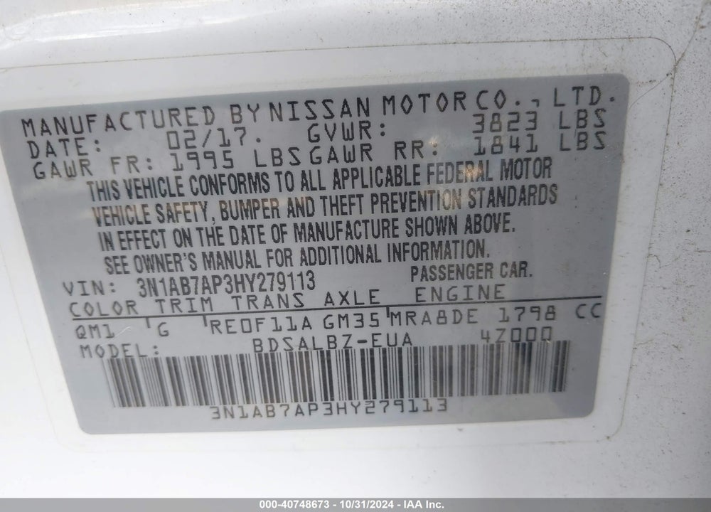 2017 NISSAN SENTRA S VIN: 3N1AB7AP3HY279113