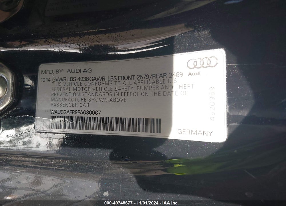 2015 AUDI S5 3.0T PREMIUM PLUS VIN: WAUCGAFR9FA030067
