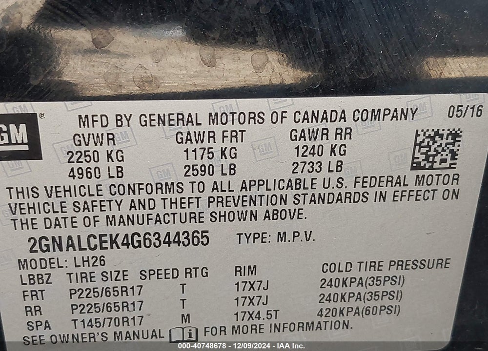 2016 CHEVROLET EQUINOX LT VIN: 2GNALCEK4G6344365