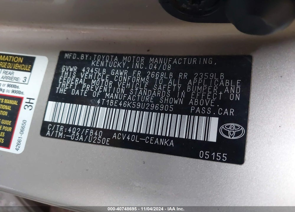 2009 TOYOTA CAMRY VIN: 4T1BE46K59U296905