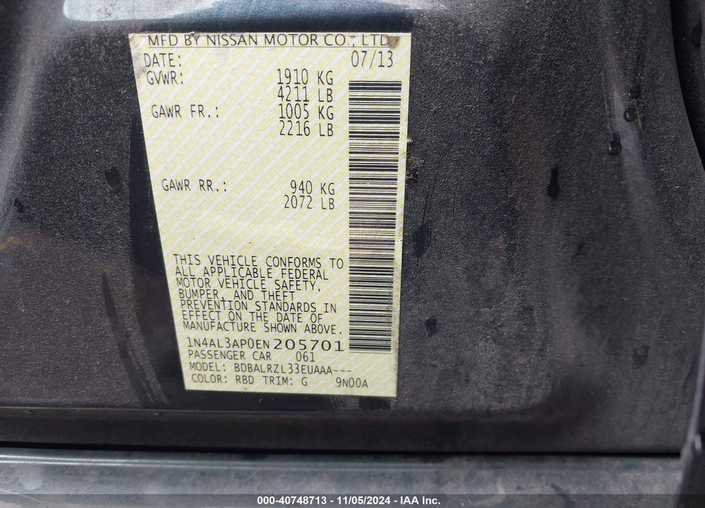 2014 NISSAN ALTIMA 2.5 S VIN: 1N4AL3AP0EN205701