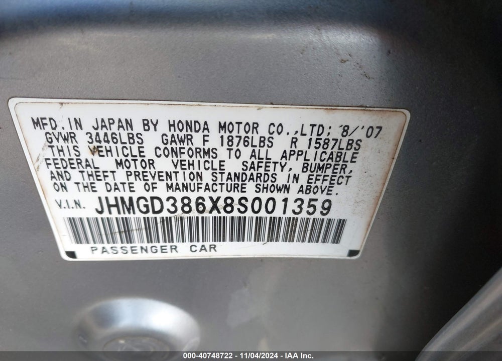 2008 HONDA FIT SPORT VIN: JHMGD386X8S001359