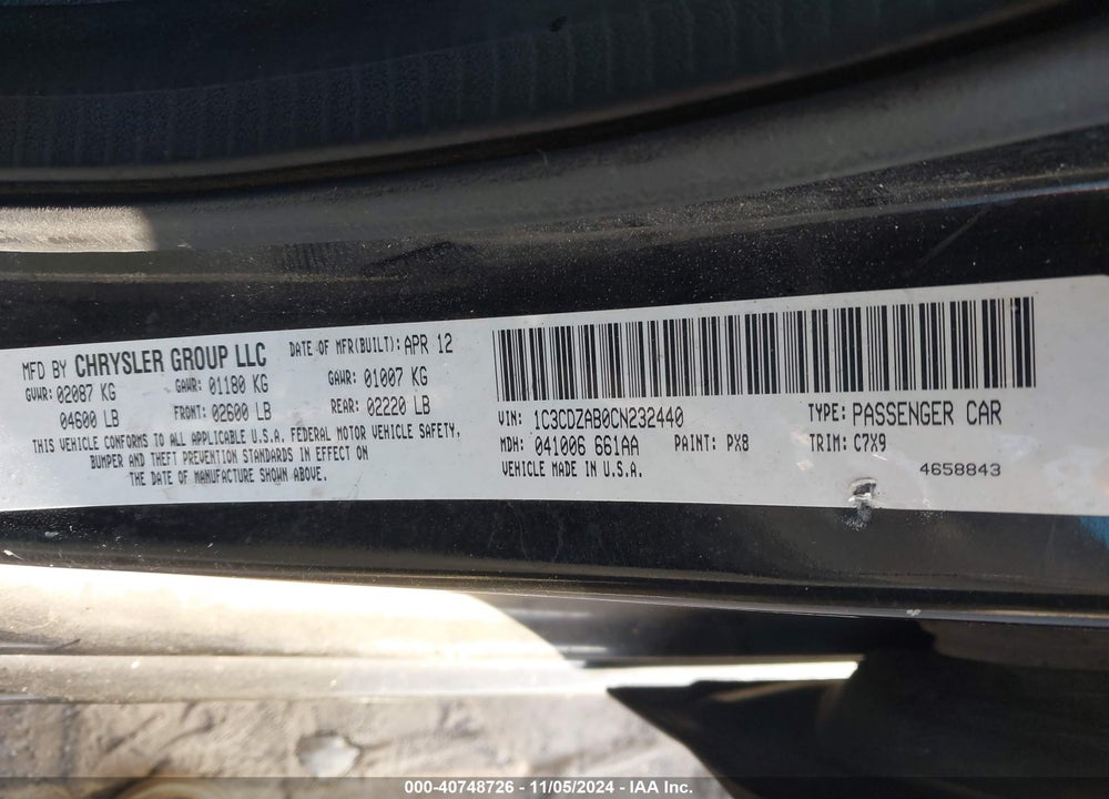 2012 DODGE AVENGER SE VIN: 1C3CDZAB0CN232440