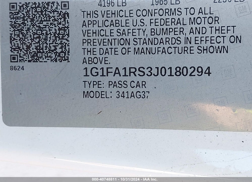 2018 CHEVROLET CAMARO 1LS VIN: 1G1FA1RS3J0180294