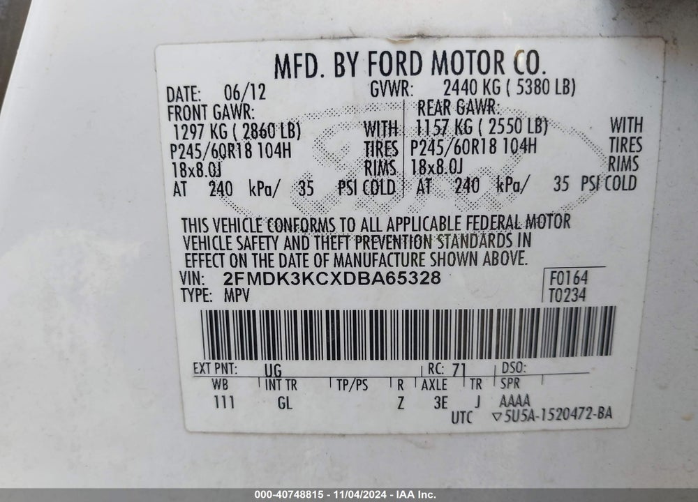 2013 FORD EDGE LIMITED VIN: 2FMDK3KCXDBA65328