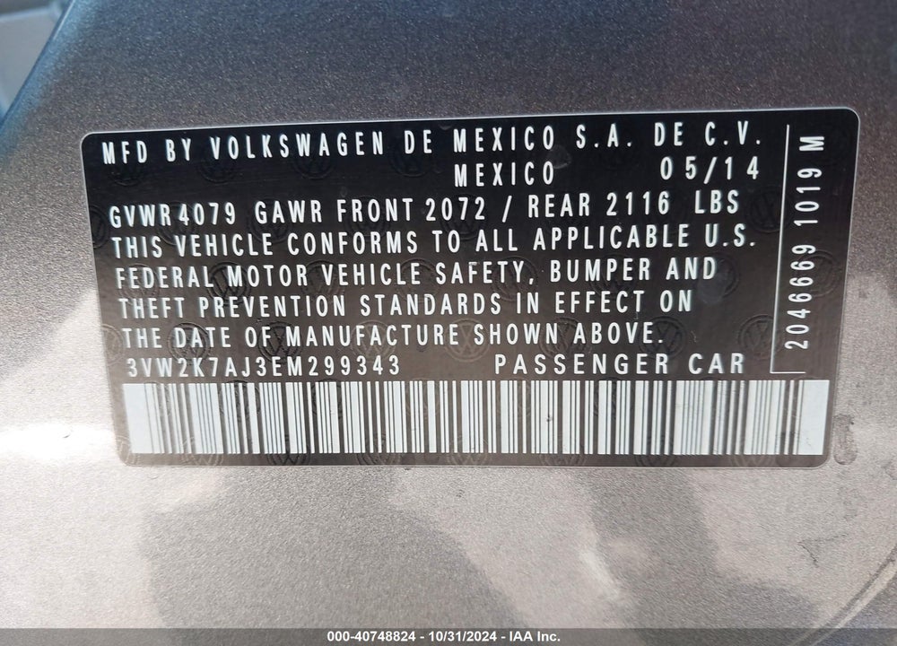 2014 VOLKSWAGEN JETTA 2.0L S VIN: 3VW2K7AJ3EM299343