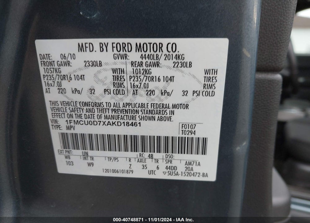 2010 FORD ESCAPE XLT VIN: 1FMCU0D7XAKD18461
