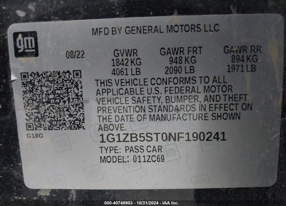 2022 CHEVROLET MALIBU FWD LS VIN: 1G1ZB5ST0NF190241
