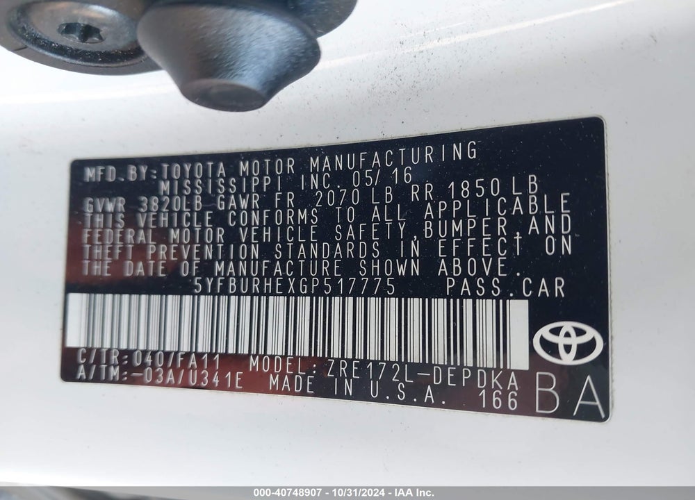2016 TOYOTA COROLLA L VIN: 5YFBURHEXGP517775