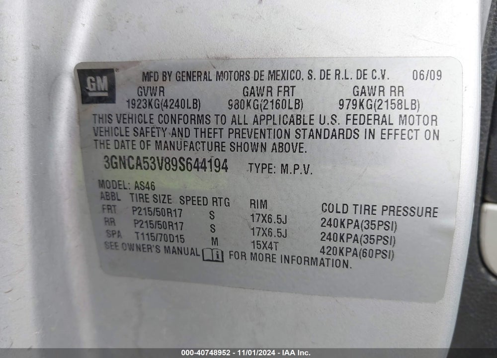 2009 CHEVROLET HHR LT VIN: 3GNCA53V89S644194