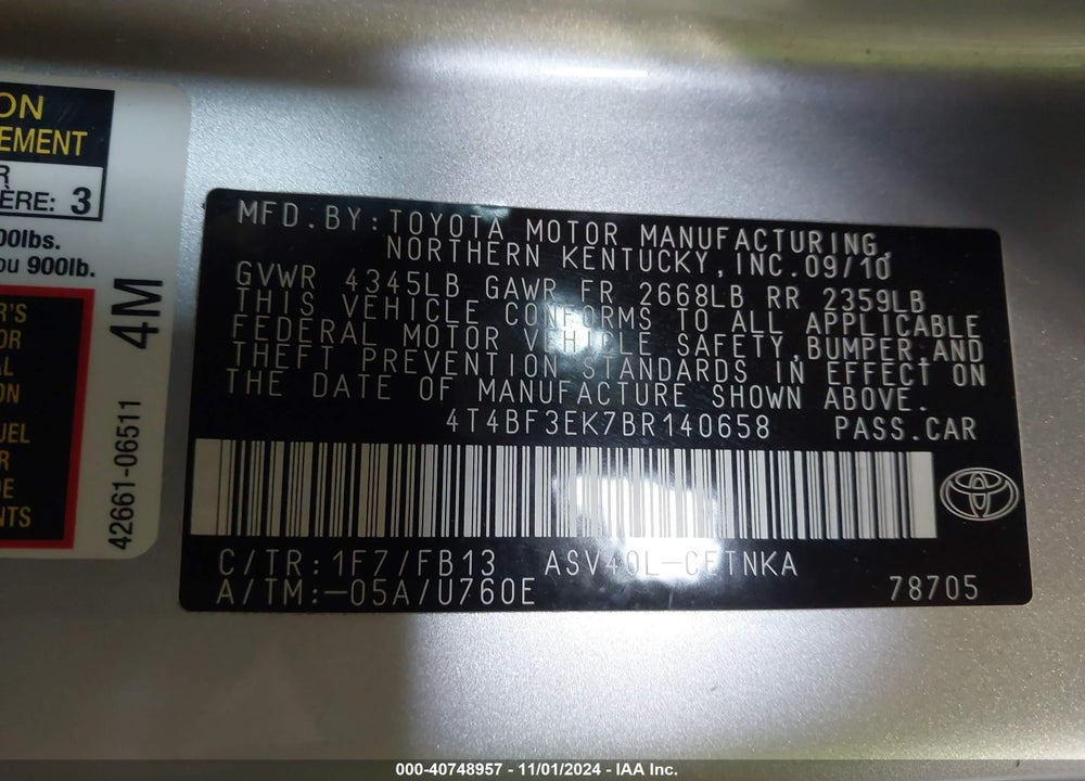 2011 TOYOTA CAMRY VIN: 4T4BF3EK7BR140658