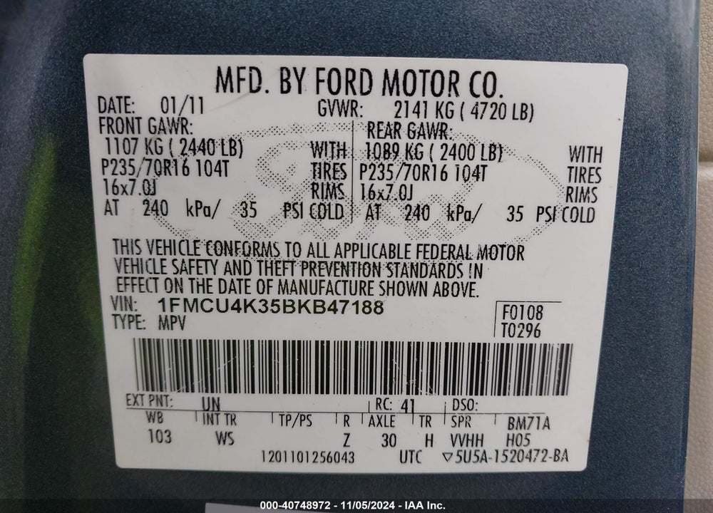 2011 FORD ESCAPE HYBRID VIN: 1FMCU4K35BKB47188