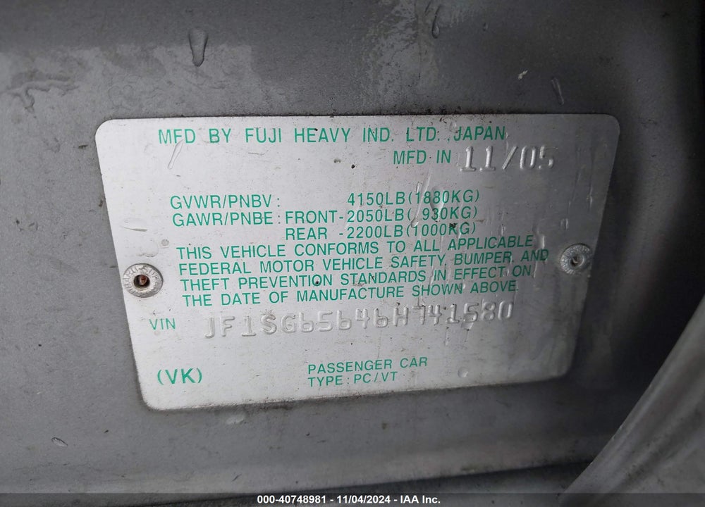 2006 SUBARU FORESTER 2.5X VIN: JF1SG65646H741580