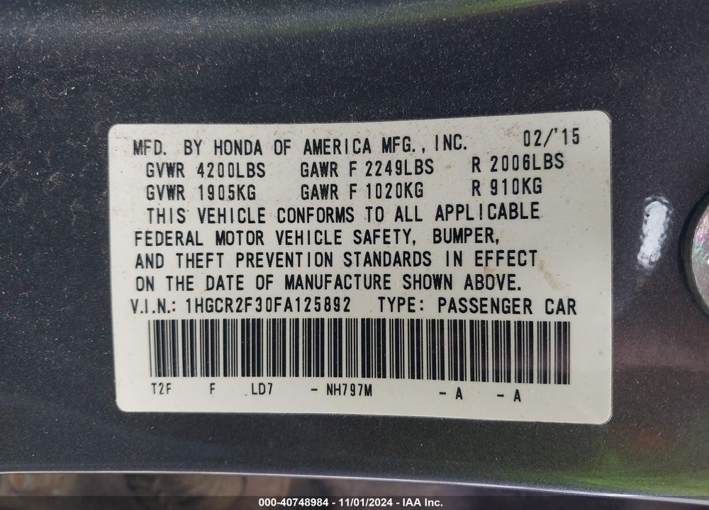 2015 HONDA ACCORD LX VIN: 1HGCR2F30FA125892