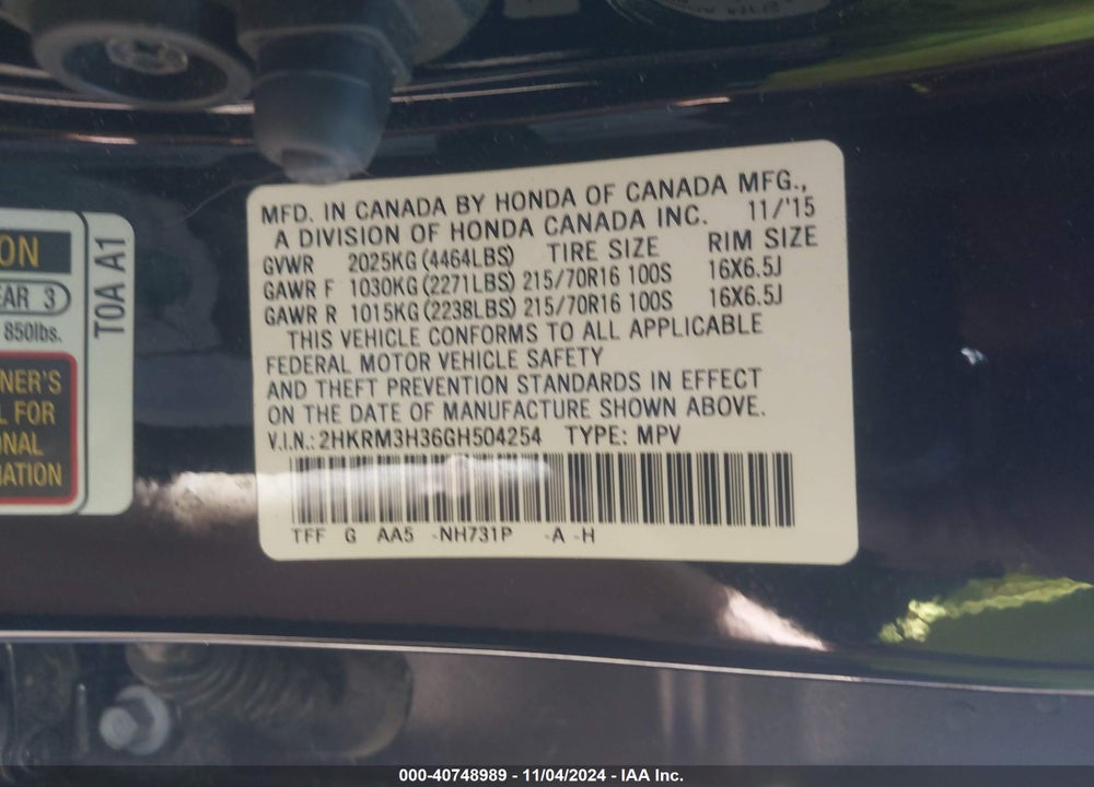 2016 HONDA CR-V LX VIN: 2HKRM3H36GH504254