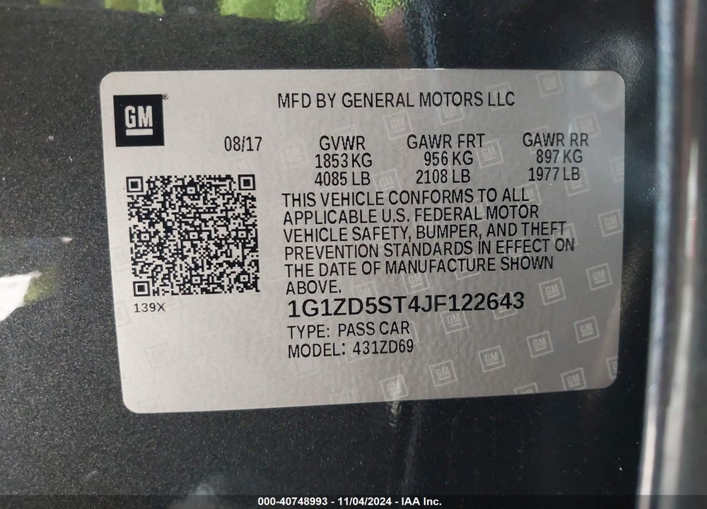 2018 CHEVROLET MALIBU LT VIN: 1G1ZD5ST4JF122643