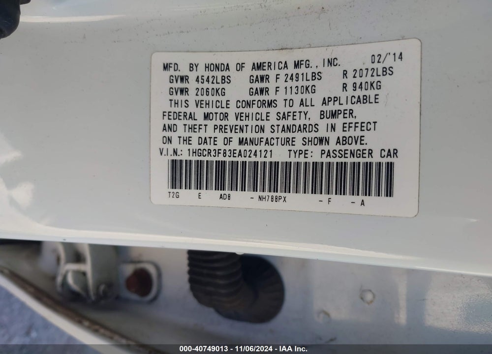 2014 HONDA ACCORD EX-L V-6 VIN: 1HGCR3F83EA024121