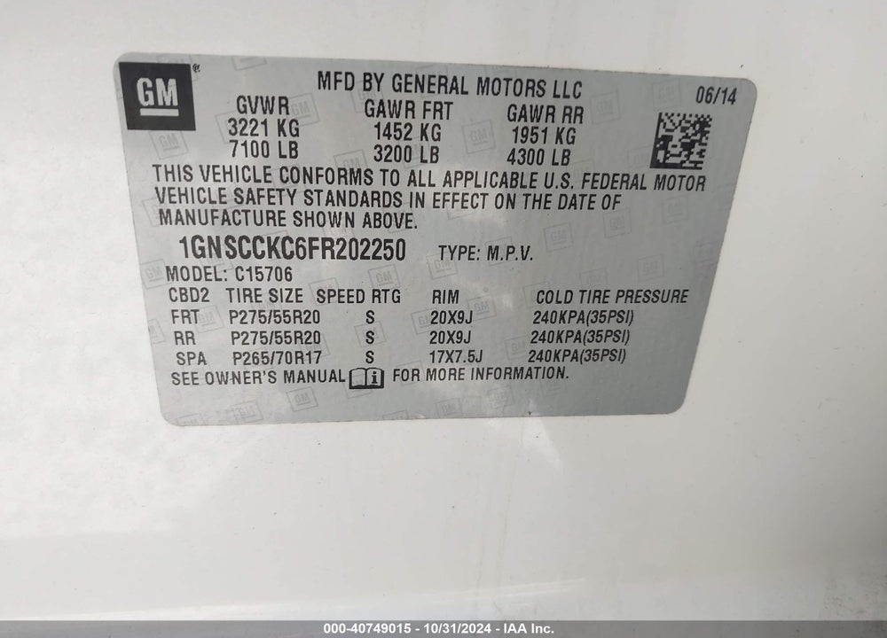 2015 CHEVROLET TAHOE LTZ VIN: 1GNSCCKC6FR202250