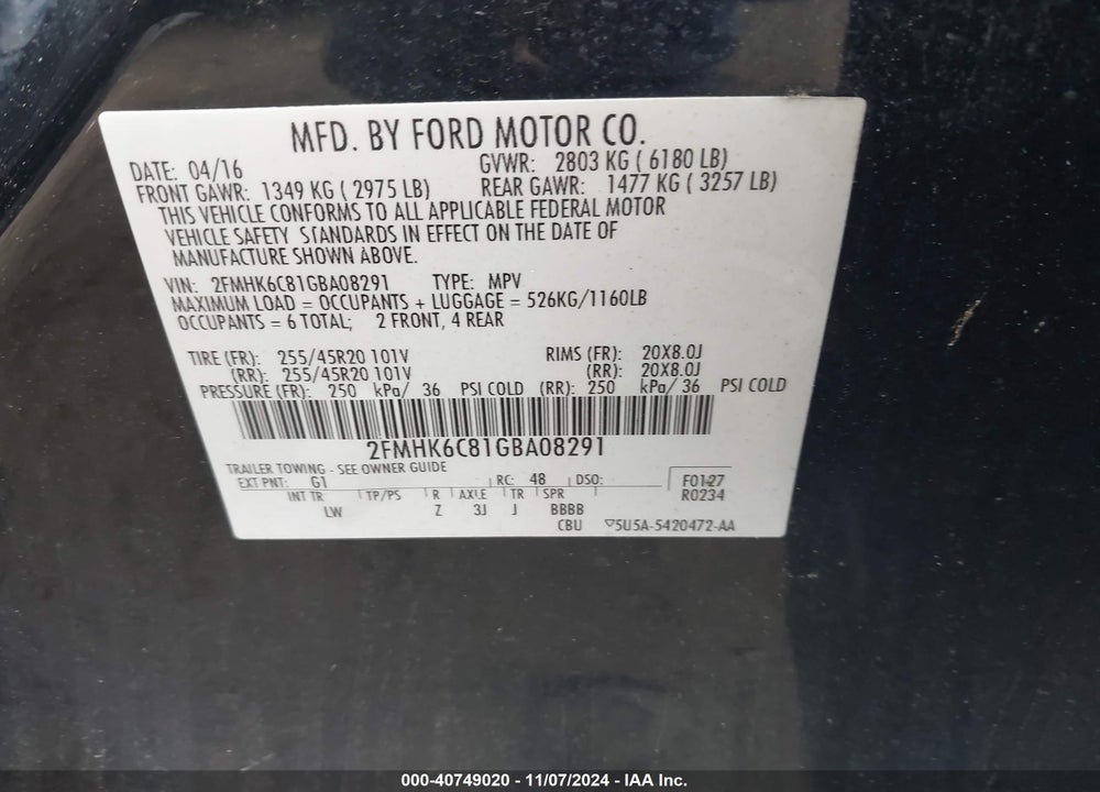 2016 FORD FLEX SEL VIN: 2FMHK6C81GBA08291
