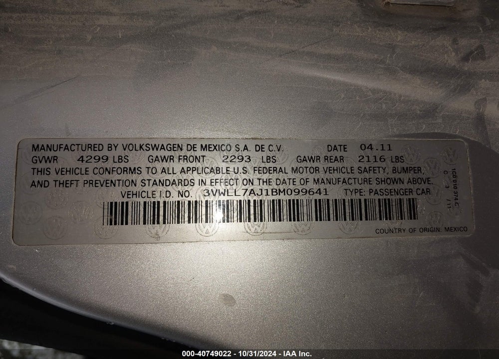 2011 VOLKSWAGEN JETTA 2.0L TDI VIN: 3VWLL7AJ1BM099641
