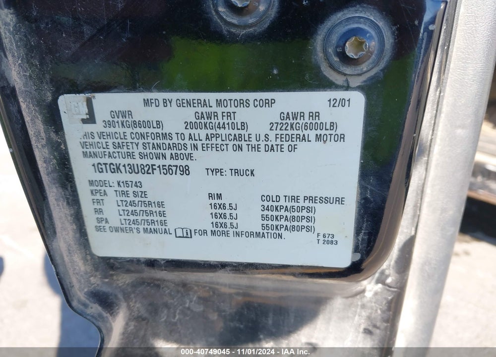 2002 GMC SIERRA 1500HD SLE VIN: 1GTGK13U82F156798