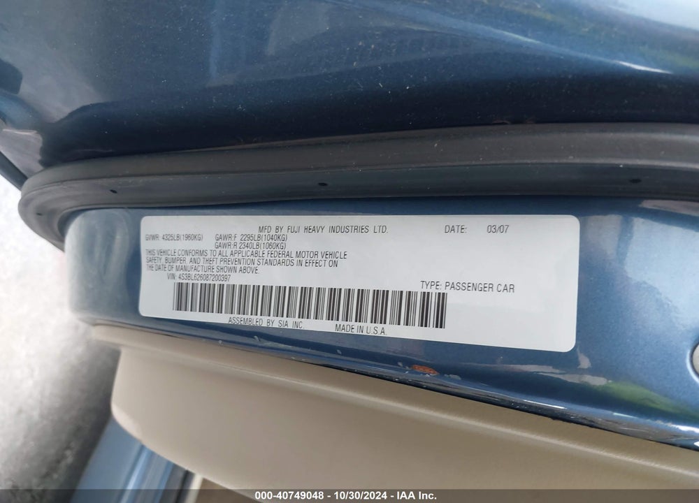 2008 SUBARU LEGACY 2.5I LIMITED VIN: 4S3BL626087200397