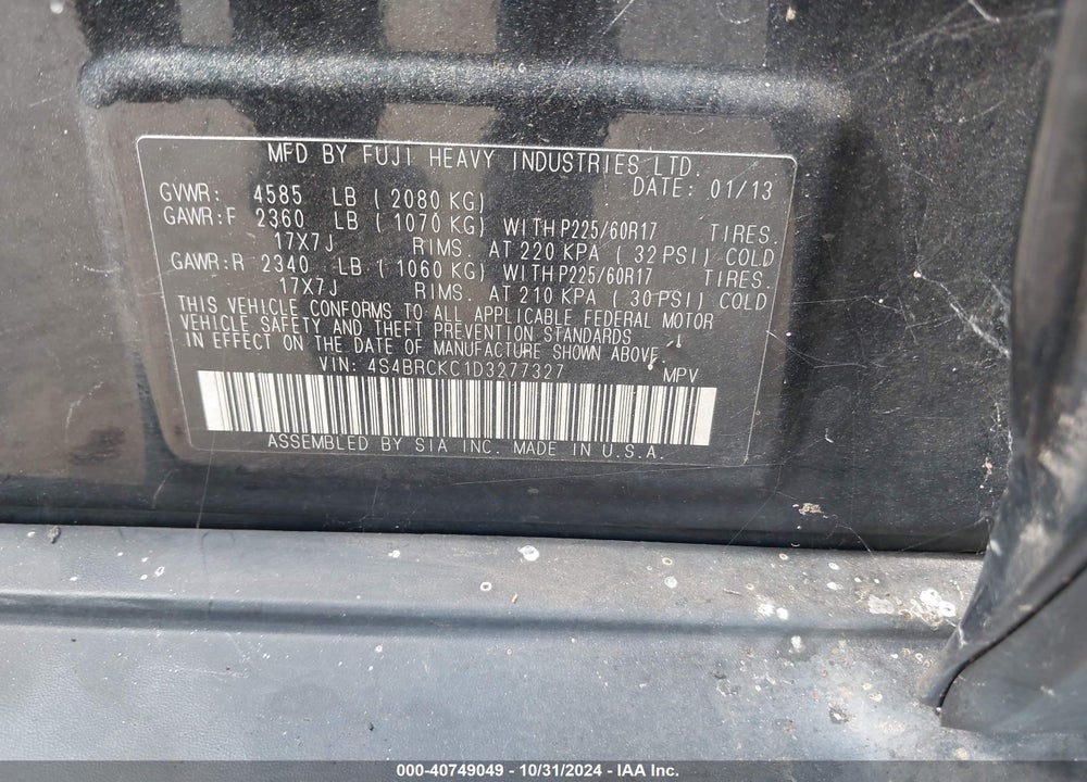 2013 SUBARU OUTBACK 2.5I LIMITED VIN: 4S4BRCKC1D3277327