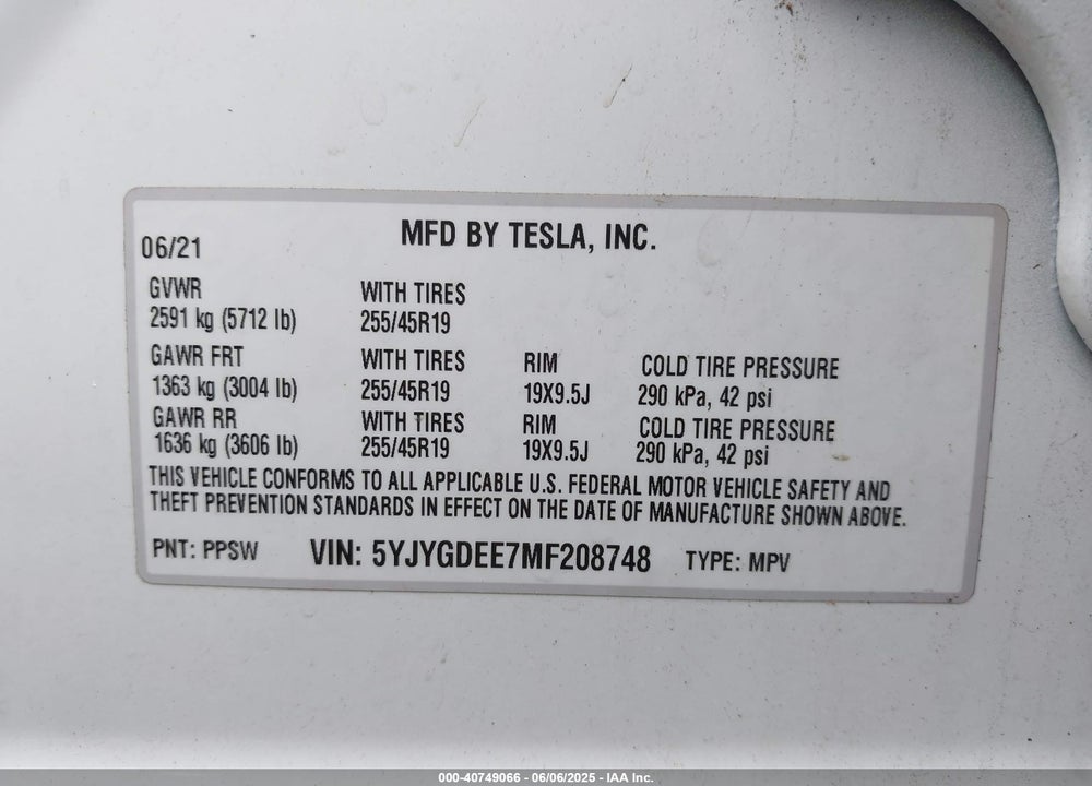2021 TESLA MODEL Y LONG RANGE DUAL MOTOR ALL-WHEEL DRIVE VIN: 5YJYGDEE7MF208748