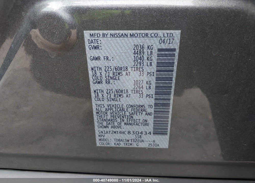 2017 NISSAN ROGUE SL VIN: 5N1AT2MT4HC830434