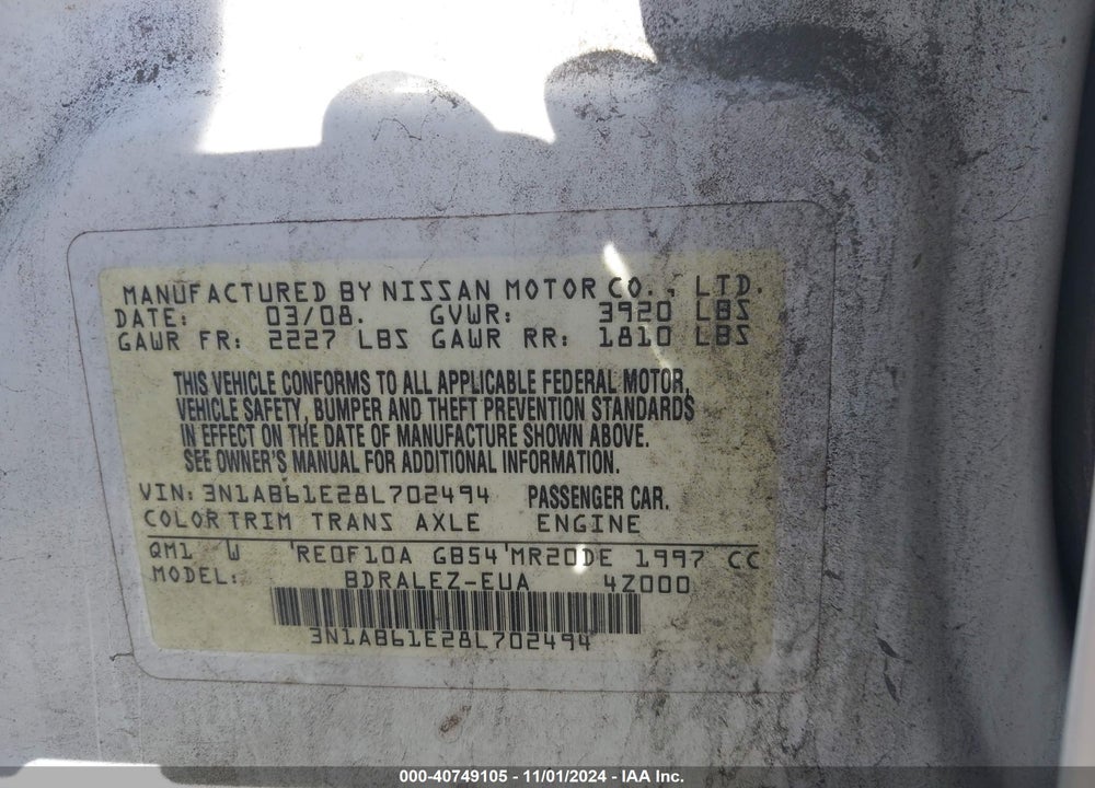2008 NISSAN SENTRA 2.0S VIN: 3N1AB61E28L702494