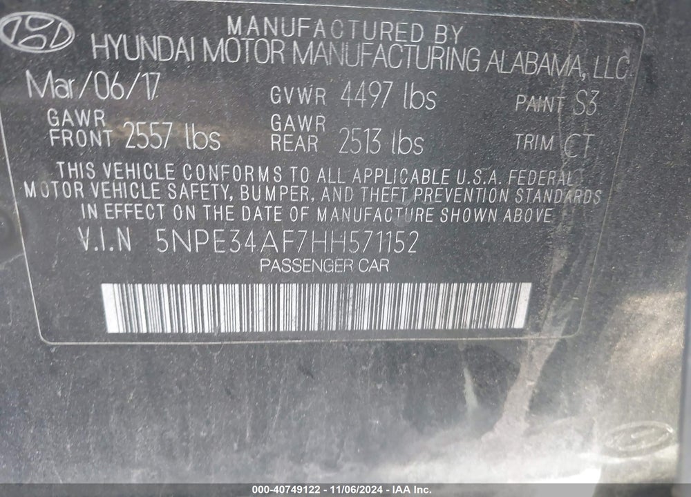 2017 HYUNDAI SONATA SPORT VIN: 5NPE34AF7HH571152
