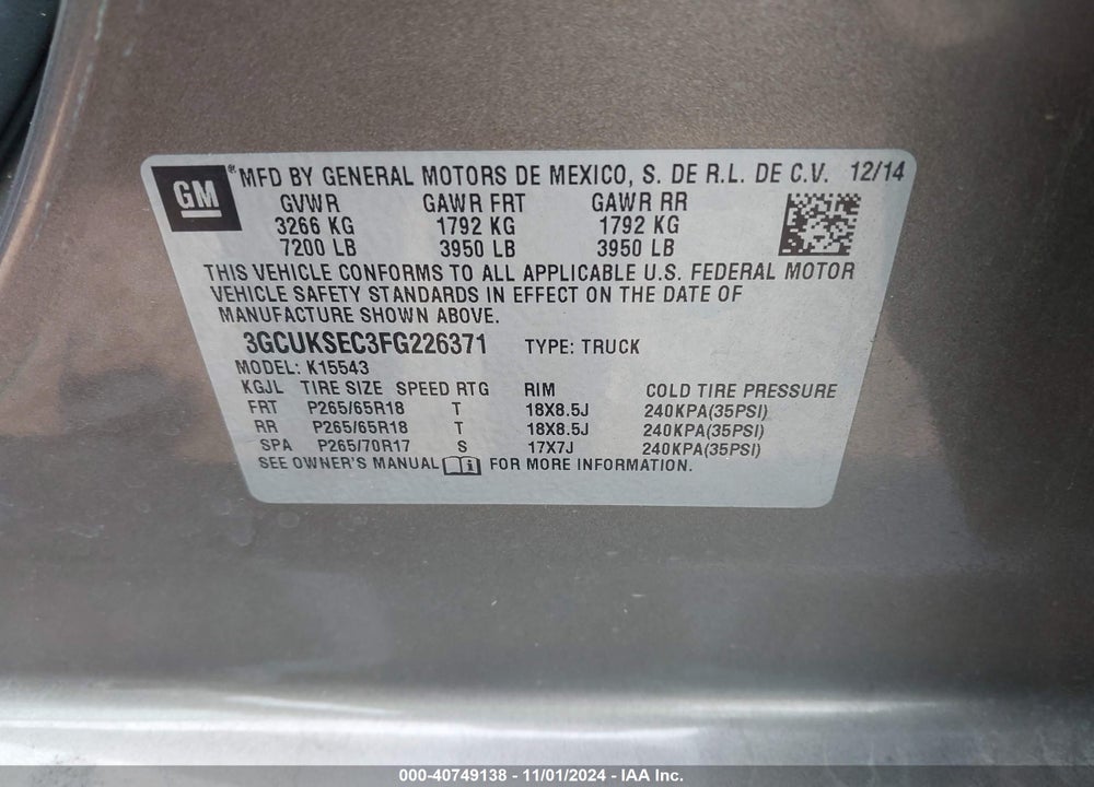 2015 CHEVROLET SILVERADO 1500 2LZ VIN: 3GCUKSEC3FG226371