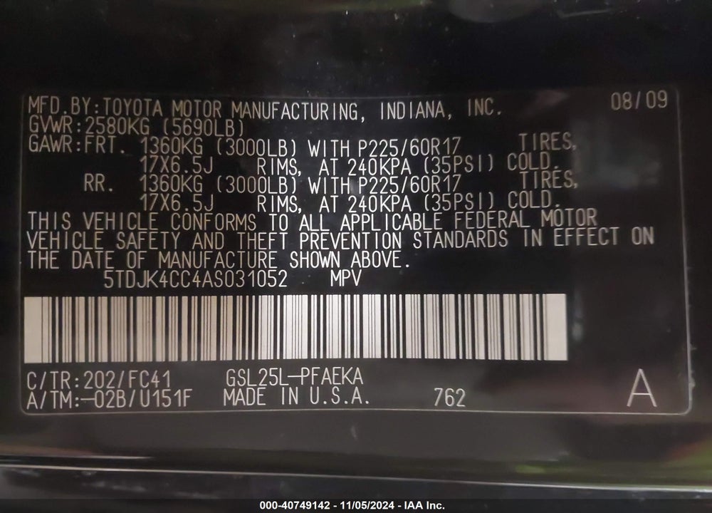 2010 TOYOTA SIENNA LE VIN: 5TDJK4CC4AS031052