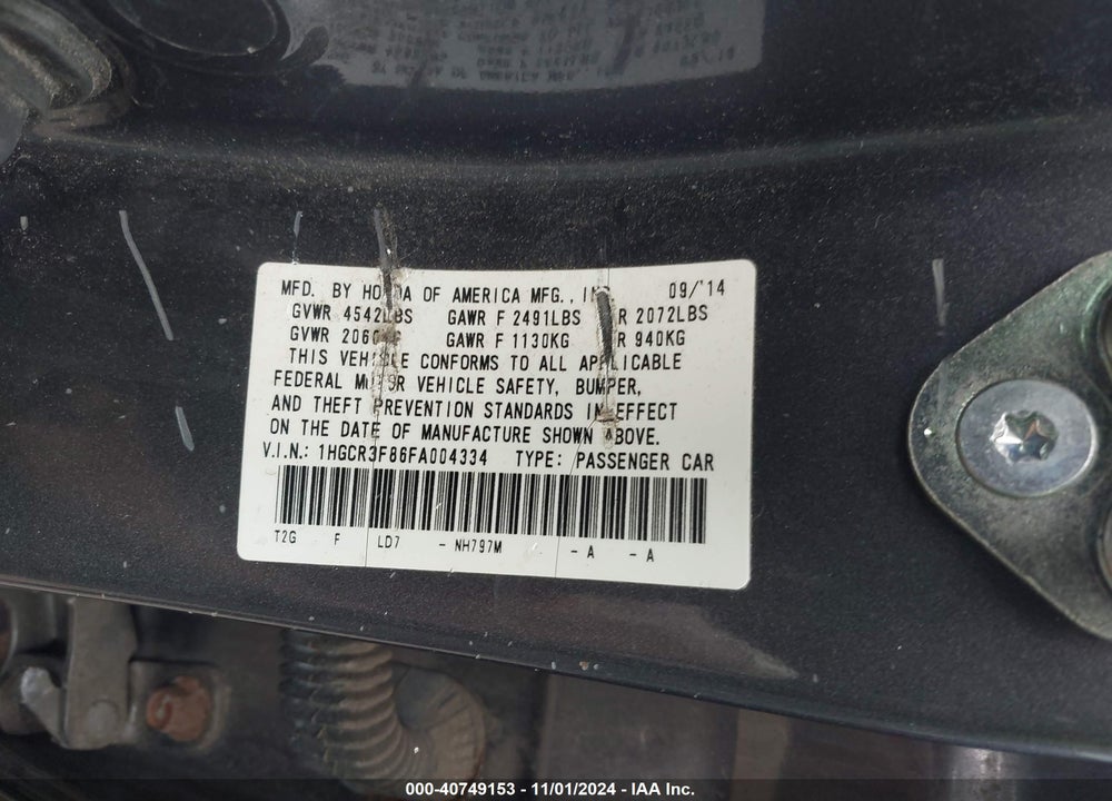2015 HONDA ACCORD EX-L V-6 VIN: 1HGCR3F86FA004334