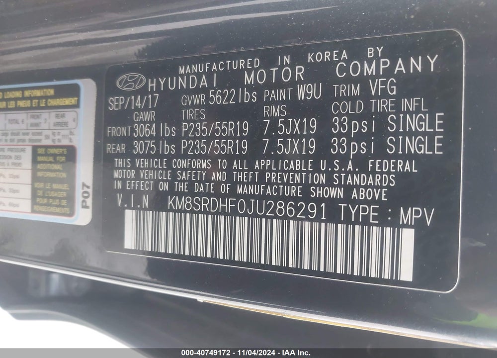 2018 HYUNDAI SANTA FE LIMITED ULTIMATE VIN: KM8SRDHF0JU286291