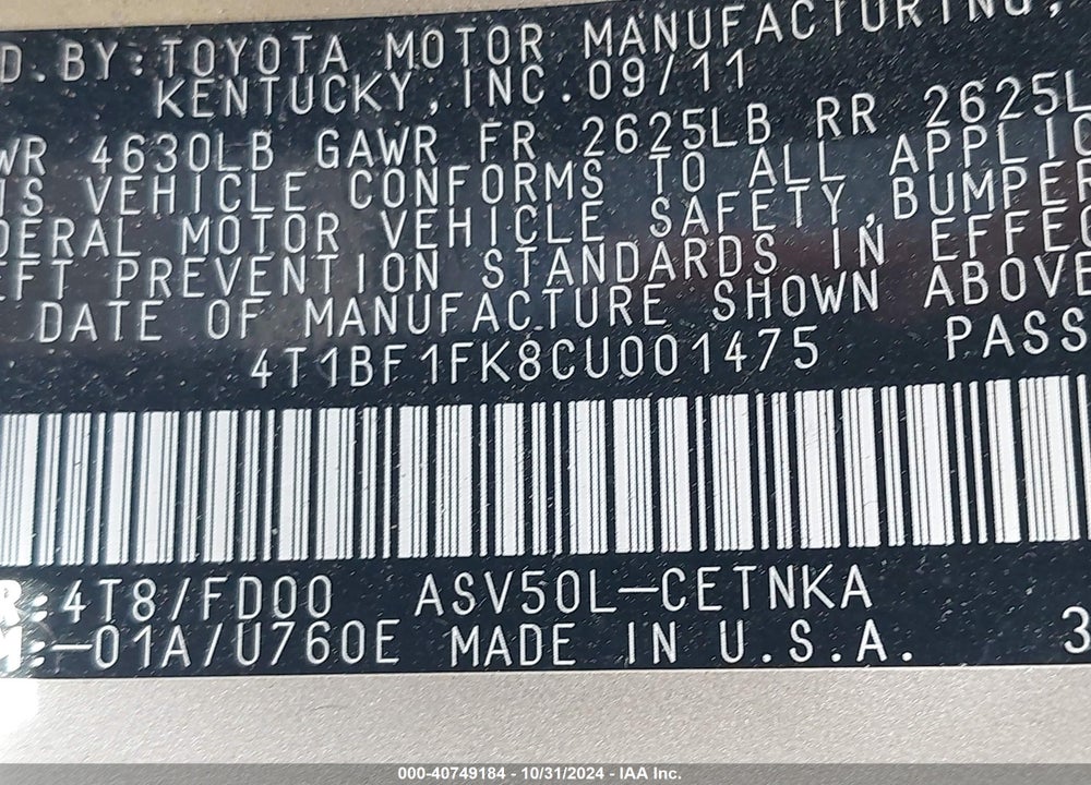2012 TOYOTA CAMRY LE VIN: 4T1BF1FK8CU001475