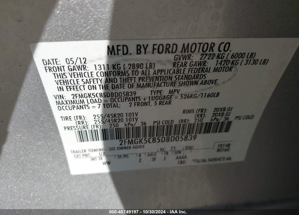 2013 FORD FLEX SEL VIN: 2FMGK5C85DBD05839