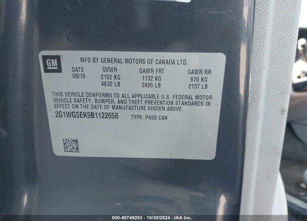 2011 CHEVROLET IMPALA LT VIN: 2G1WG5EK9B1122658