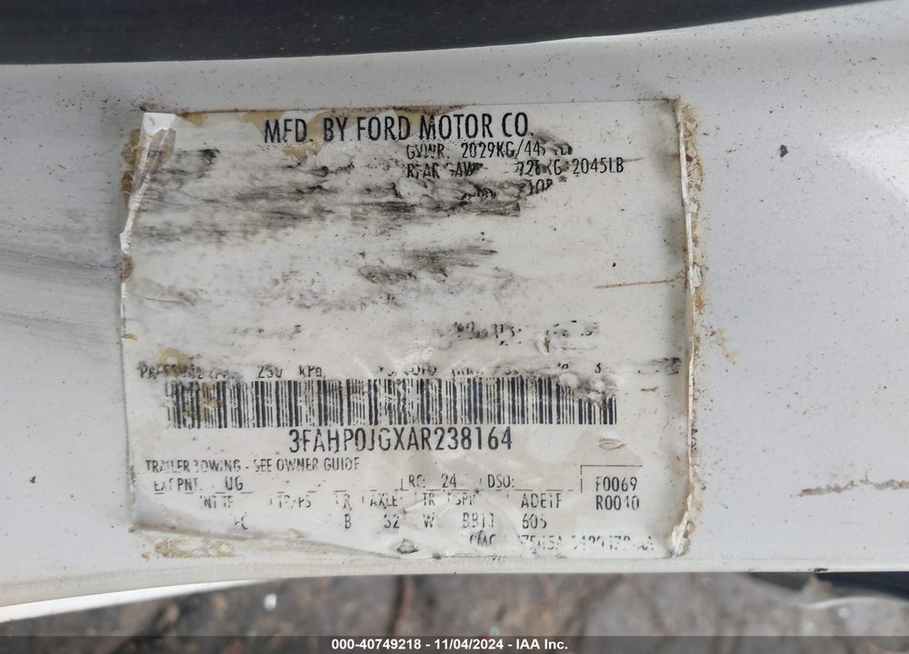 2010 FORD FUSION SEL VIN: 3FAHP0JGXAR238164