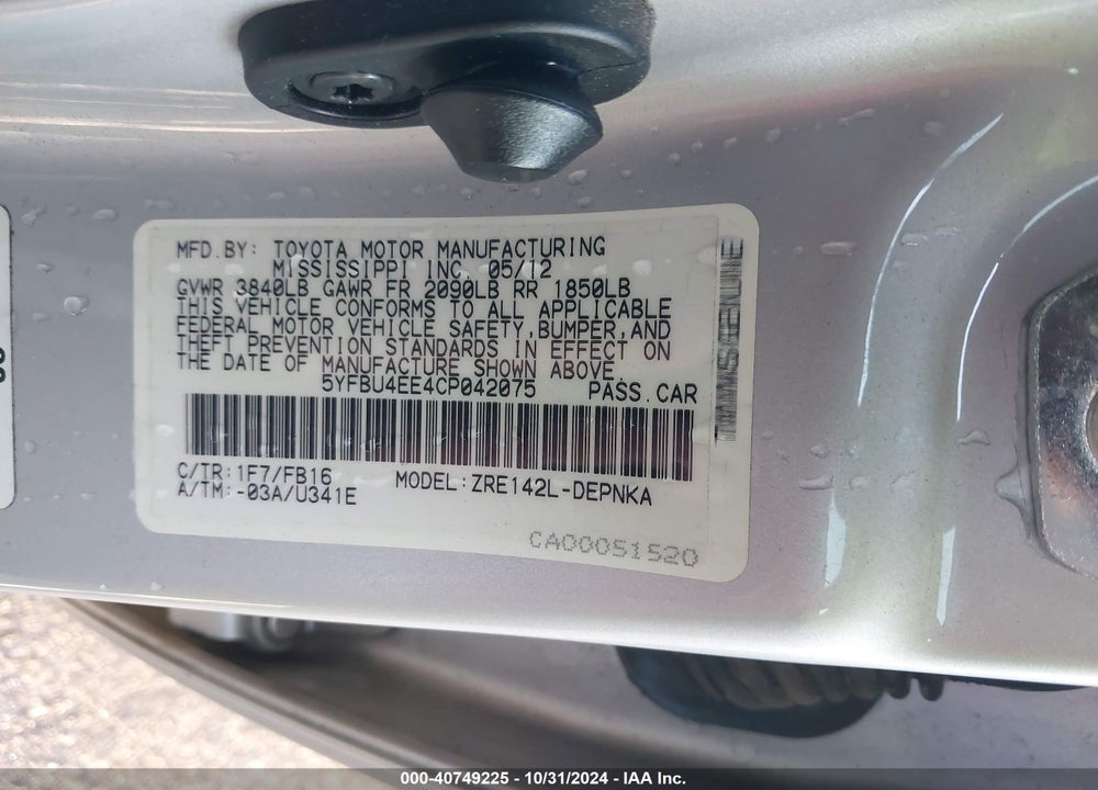 2012 TOYOTA COROLLA LE VIN: 5YFBU4EE4CP042075