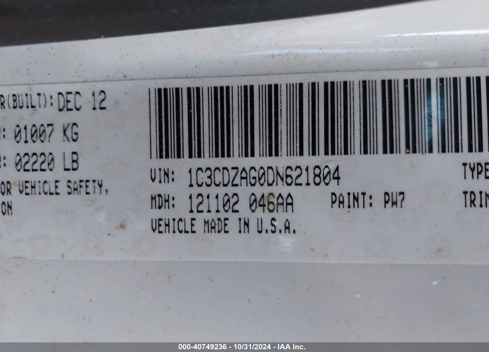 2013 DODGE AVENGER SE V6 VIN: 1C3CDZAG0DN621804
