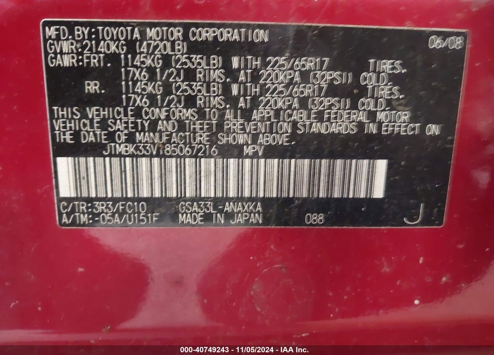 2008 TOYOTA RAV4 BASE V6 VIN: JTMBK33V185067216