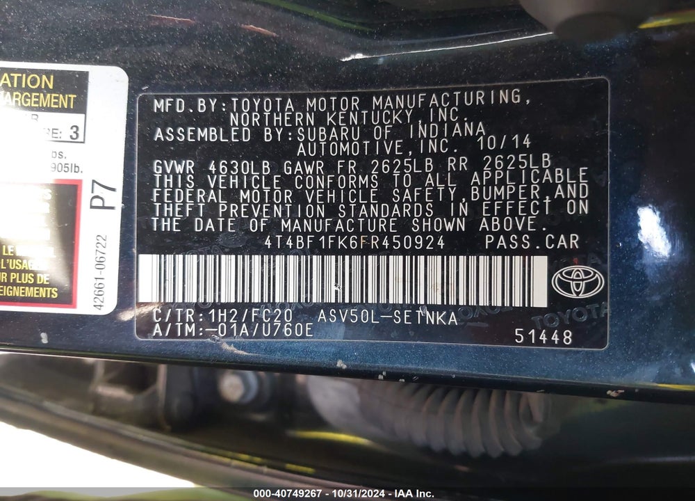 2015 TOYOTA CAMRY VIN: 4T4BF1FK6FR450924