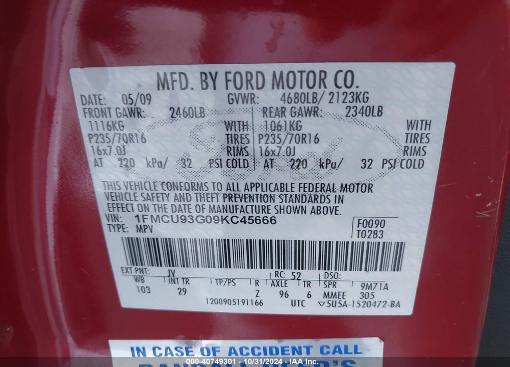 2009 FORD ESCAPE XLT VIN: 1FMCU93G09KC45666