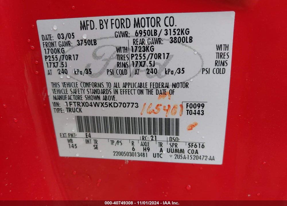 2005 FORD F-150 STX/XLT VIN: 1FTRX04WX5KD70773